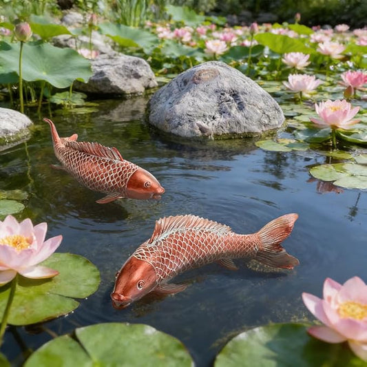Koi Fish Garden Statues Set of 2, Antique Copper Style Resin Sculptures, Outdoor Garden Statues for Patio Backyard Koi Pond Japanese Garden Decor, Best Gardening Gifts for Women Mom (Copper Red)