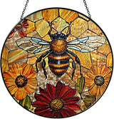 7.8" Bee Honeycomb Stained Glass Suncatchers Art Insect Flowers for Sun Catcher Gifts for Pet Insects Animal Nature Floral Lovers Women Grandma Mom Friend Painted Glass Panel Décor BUG-08C-SG8