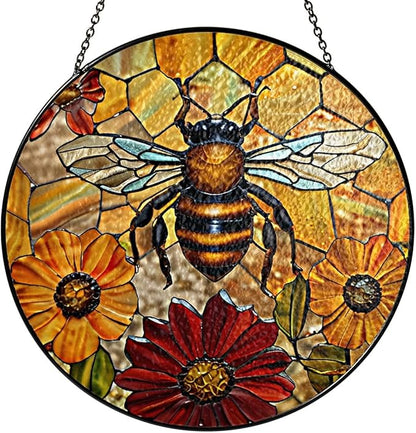 7.8" Bee Honeycomb Stained Glass Suncatchers Art Insect Flowers for Sun Catcher Gifts for Pet Insects Animal Nature Floral Lovers Women Grandma Mom Friend Painted Glass Panel Décor BUG-08C-SG8