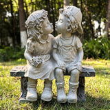 First Kiss Garden Outdoor Statue Decorative, Flower Bed Decor Puppy Love Kissing Couple, Boy and Girl Kissing Garden Figurine for Yard Patio Art