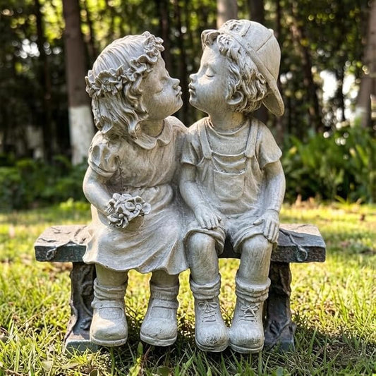 First Kiss Garden Outdoor Statue Decorative, Flower Bed Decor Puppy Love Kissing Couple, Boy and Girl Kissing Garden Figurine for Yard Patio Art