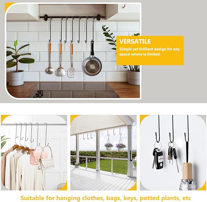 Dpyrrhic 8 Pack 12 Inch Large S Hooks for Hanging Plants,Black Extra Matel Heavy Duty Hook for Hang Brsket,Bird House and Clothes