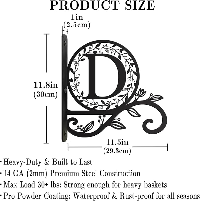 Personalized Initial Metal Plant Hanger Bracket, Decorative Wall Mount Hanging Plant Hook, Monogram Floral Leaf Garden Stake for Hanging Baskets Bird Feeders Lanterns Wind Chime (D)