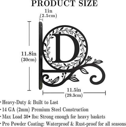 Personalized Initial Metal Plant Hanger Bracket, Decorative Wall Mount Hanging Plant Hook, Monogram Floral Leaf Garden Stake for Hanging Baskets Bird Feeders Lanterns Wind Chime (D)