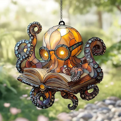 Reading Kraken Octopus Acrylic Suncatcher, Bookish Suncatchers for Window Hanging Ornament, Art Garden Decor for Book Lover Reader Bookworm, Gifts for Mother's Day, Mom, Grandma, Wife, Women, Nana