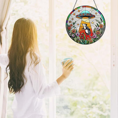 Opossum Wildflowers Sun Catcher Stained Glass Window Hanging for Women Funny Gifts for Window Hanging Handmade Sun Catcher Decoration for Garden Home, 7.87inch