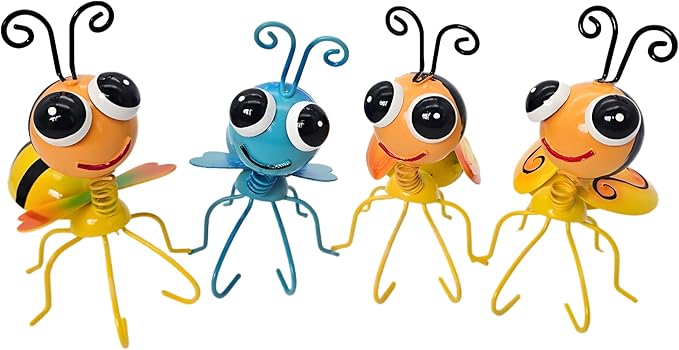 Metal Bee Sculptures Outdoor Yard Art Garden Patio Decor, Set of 4 Statues for Insect-Themed Garden Decoration