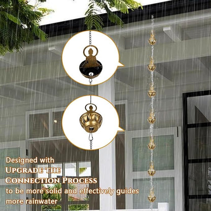 10.5ft Rain Chain for Outside, Rain Chain with 10 Buddha Cups, Adjustable Rain Catcher Chain for Outside, Replacement Downspout for Gutters, Eaves, Drainage
