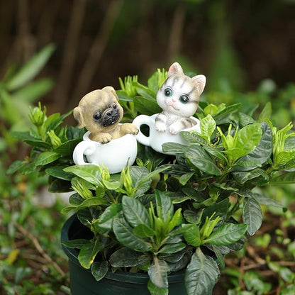 Cute Cat Mini Figurines with Stakes Adorable Garden Statues for Flower Plant Pot Decorations Miniaturefairy Garden Sculpture