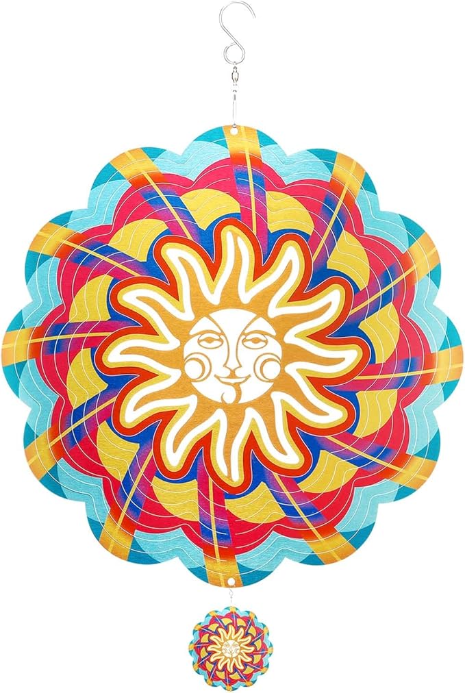 Wind Spinners Outdoor, 12 Inch Sun Face Smiley Stainless Steel Spinfinity Wind Spinner, Wind Chimes for Outside, 3D Hanging Kinetic Sculpture Suncatcher, Metal Spin Art Garden Ornament Gifts