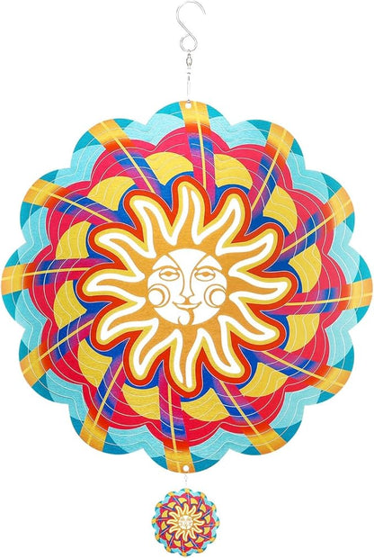 Wind Spinners Outdoor, 12 Inch Sun Face Smiley Stainless Steel Spinfinity Wind Spinner, Wind Chimes for Outside, 3D Hanging Kinetic Sculpture Suncatcher, Metal Spin Art Garden Ornament Gifts