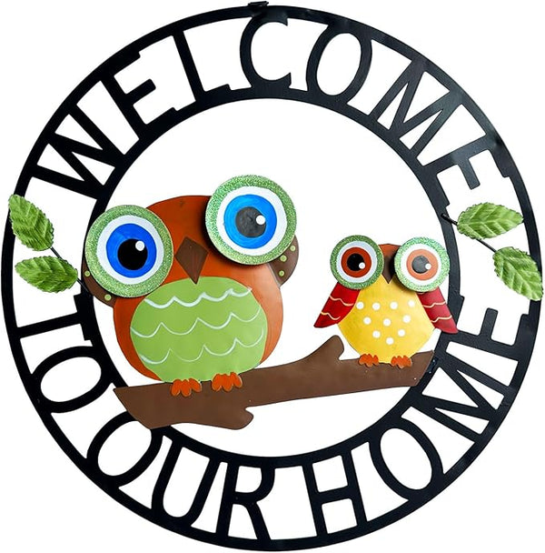 Rustic Metal Hand-Painted Owls Wreath Wall Art Decor Front Door Wreaths Garden Shop Welcome Sign Door Hanger Indoor Outdoor Decoration