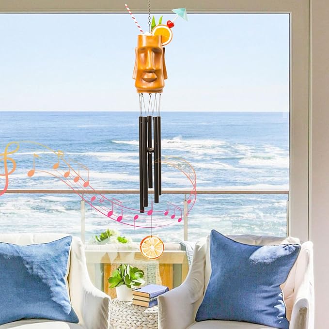 MUMTOP Wind Chimes for Outside Clearance - Garden Wind Chimes with Resin Face Cup Cocktail, 32 Inch Tropical Metal Windchimes for Patio Outdoor Porch Yard Decor Gifts(Orange)