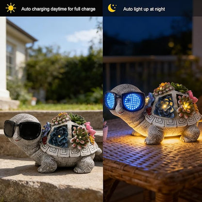 Solar Garden Outdoor Statues with Succulent and 7 LED Lights - Lawn Decor Tortoise Statue for Patio, Balcony, Yard Ornament - Unique Housewarming Gifts (Gray Turtle)
