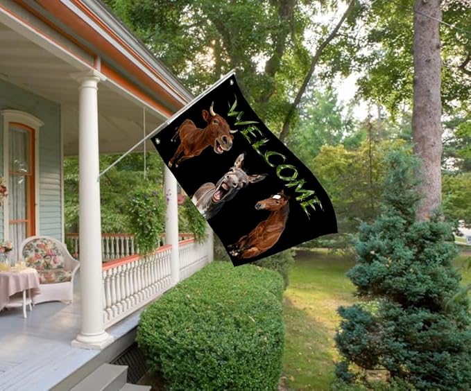 Farm Animals Welcome Flag 3X5FT, Farm House Flags, Horse Donkey Cattle eme Banner,Both Sides Printed, Men Women Banner,Vibrant Colors, Double Stitched with 2 Brass Grommets, Bar Garden Street Decoration, GYM, Office Decor,Indoor Outdoor Use,Gifts. (H-D...