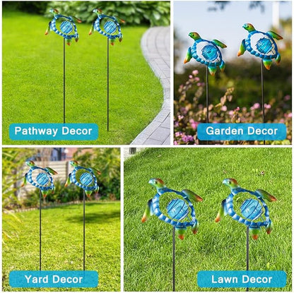 Solar Garden Lights Outdoor 2 Pack,Metal Decorative Stake Solar Lights Blue Sea Turtle Decor for Garden,Pathway,Lawn,Patio,Yard