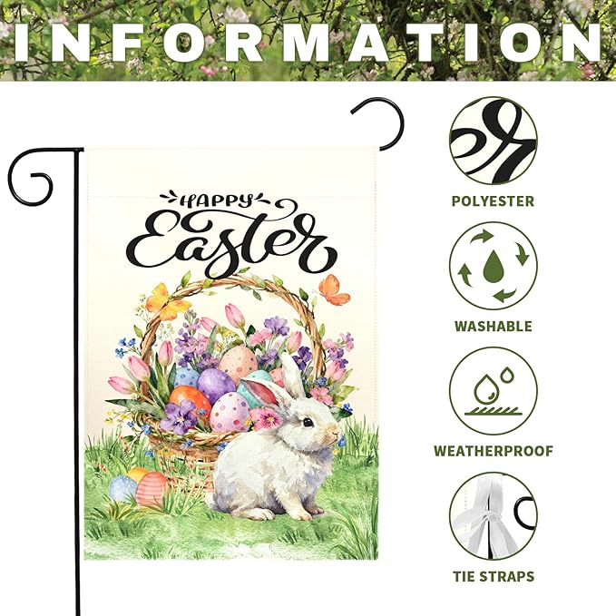 Happy Easter Garden Flag with Bunny Basket Spring Tulips Wildflowers Eggs Cute Rabbit Yard Flags Double Sided Welcome Spring Easter Houde Banner for Porch Lawn Patio Holiday Décor 12 x 18 In