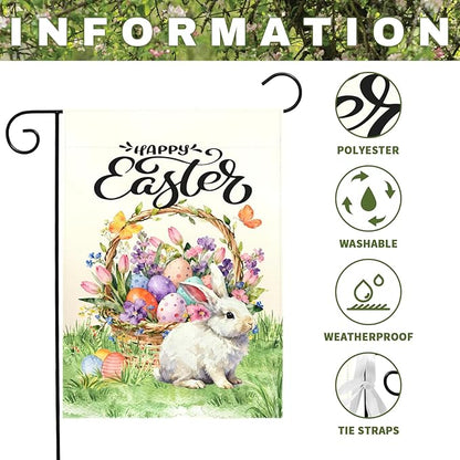 Happy Easter Garden Flag with Bunny Basket Spring Tulips Wildflowers Eggs Cute Rabbit Yard Flags Double Sided Welcome Spring Easter Houde Banner for Porch Lawn Patio Holiday Décor 12 x 18 In