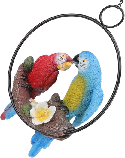 Keebgyy Metal Birds Outdoor Decor, Parrots Hanging Statue, Garden Iron Rings Parrots Pendant Resins Bird Model Crafts Courtyard Balcony Decorations Small Red Blue Macaw, Macaw Model Pendant Red