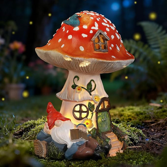 Solar Mushroom Statue Outdoor Decor,Gnome Reading Under Mushroom Figurine with LED Light, Fairy Garden Patio Lawn Yard Decor Christmas Housewarming Gifts for Women Mom Grandma
