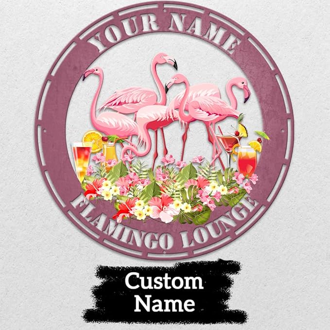 MeMate Flamingo Metal Sign, Outdoor Décor for Backyard, Patio, Pool, Kitchen, Lounge, Personalized Name Outdoor Sign, Pink Metal Sign Housewarming Gift for Family Friend