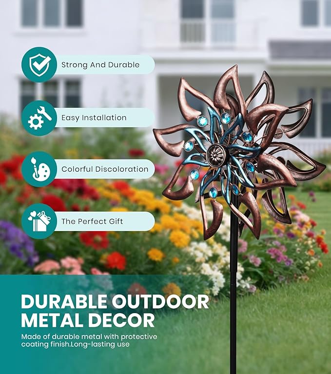 360° Garden Wind Spinner for Outdoor Yard Art – W13xH64 Kinetic Windmill for Garden, Lawn, and Patio – Dahlia-Inspired Copper and Teal Wind Spinners Outdoor Decorative Yard Art