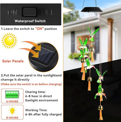 Hummingbird Gifts for Women Mom Grandma,Hanging Solar Wind Chimes for Outside,Waterproof LED Gardening Garden Decor Lights for Festival Birthday Gifts for Girlfriend Wife (Black Housing)