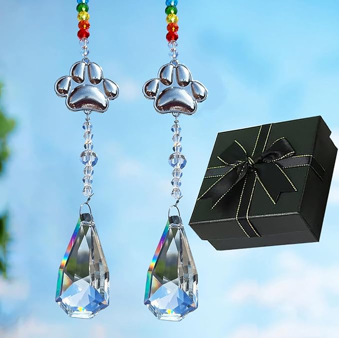 Dog Paw Prints Sun Catcher Pet Memorial Gifts Crystals Prisms Dog Remembrance Pet Sympathy Gift Hanging Window Garden Yard Tree Decor Wind Chime Rainbow Maker Suncatcher (2pcs Leaf)
