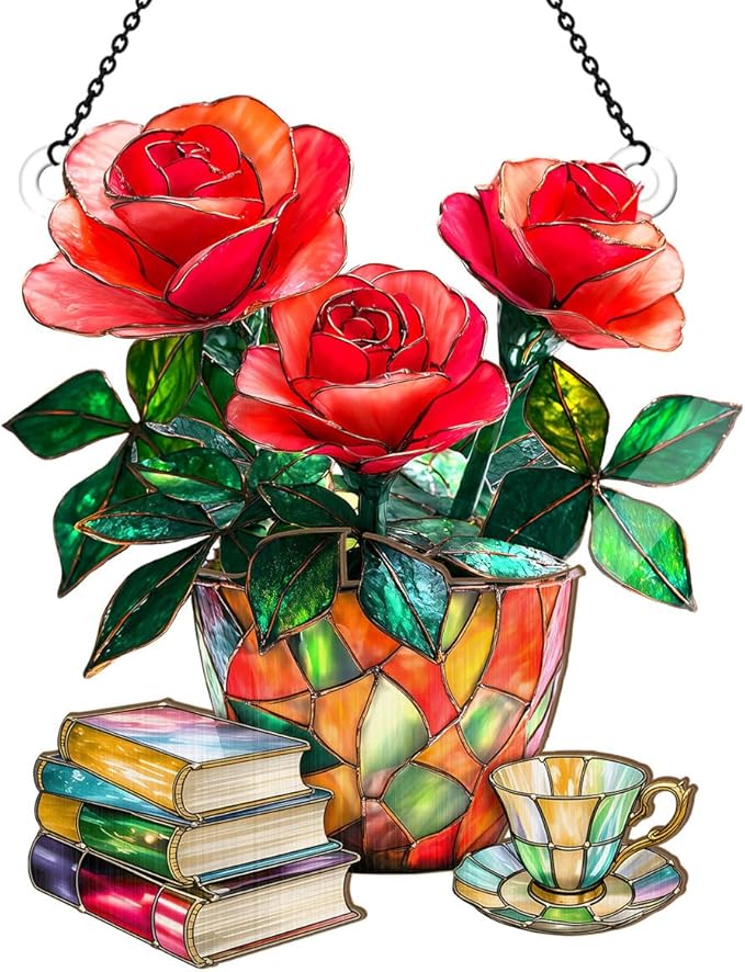 Jesuspirit - Window Hanging Suncatcher – Crystal Clear Acrylic & Wood Sun Catcher for Home Decor, for Women (Nostalgic Roses, Books, and Tea, 6 Inches)