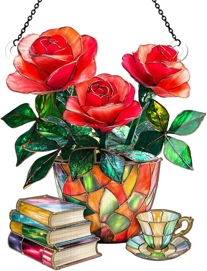 Jesuspirit - Window Hanging Suncatcher – Crystal Clear Acrylic & Wood Sun Catcher for Home Decor, for Women (Nostalgic Roses, Books, and Tea, 6 Inches)