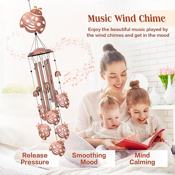 Ladybug Wind Chimes for Outside,Ladybug Gifts for Women Men/Memorial Gifts/Birthday Gift Metal windchimes Outdoors/Indoors,Garden Decor,Patio,Home,Porch,Yard Decorations