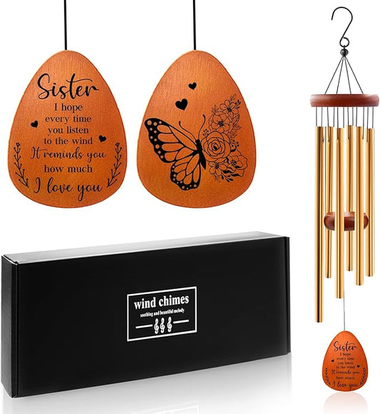 Sister Wind Chime - Sisters Gifts for Christmas, Sister Birthday Gifts Ideas, Butterfly Wind Chimes for Sis, Birthday Gift for Sisters Adult, 25.5" Windchimes
