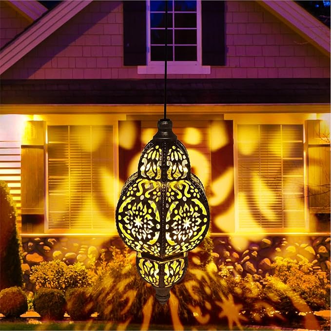 Hanging Solar Lights Garden Lights Metal Moroccan Lamp Waterproof for Outdoor Hanging Decor Yard Backyard Garden Decorative (2 Pack, Bronze)