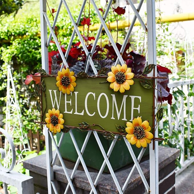 Sunflower Welcome Sign Metal Hanging Welcome Plaque for Wall Front Door - Decorative Flower Yard Signs Spring Wreath Decor for Garden Porch Patio Backyard (B)