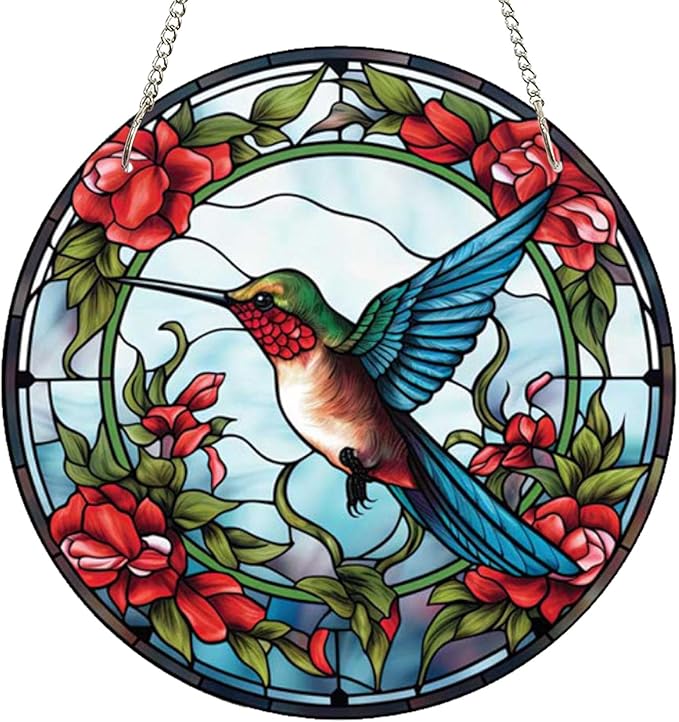 7.9'' Acrylic Window Suncatcher Decor,Stained Panel Hangings Decorative Acrylic Wall Decor Colorful Ornament Window Hangings for Outdoor Indoor Decor(Hummingbird-Blue)