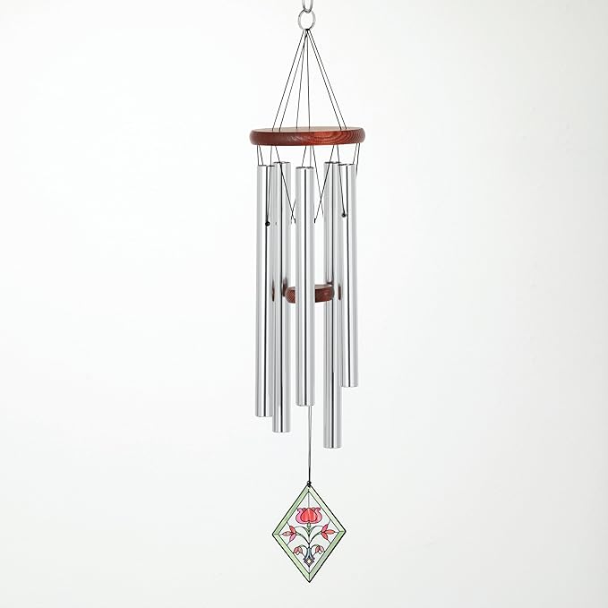 Woodstock Wind Chimes 26" Lily Botanical Chime, Flower Stained-Glass Acrylic Wind Catcher Chimes Silver Aluminum Tubes, Windchime for Outside Garden Decor, Outdoor Patio and Front Porch