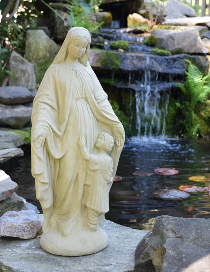 Vintage-Style Madonna and Child Cast Stone Garden Statue, 24"