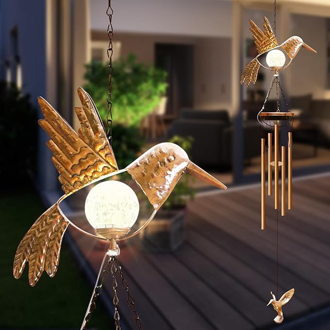 Solar Hummingbird Wind Chimes for outside: Melodious Mother's Day Birthday Gifts for Mom Women Grandma Her - Weatherproof Metal Outdoor Decor Easy Hanging for Garden Patio Tree Window Memorial