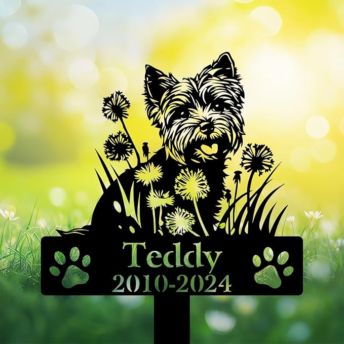 Personalized Yorkshire Terrier Grave Marker, Yorkie Dandelion Flowers Memorial Garden Stake, Yorkshire Terrier Memorial Gift, Loss of Yorkie, Outdoor Pet Headstone, Dog Burial Stake