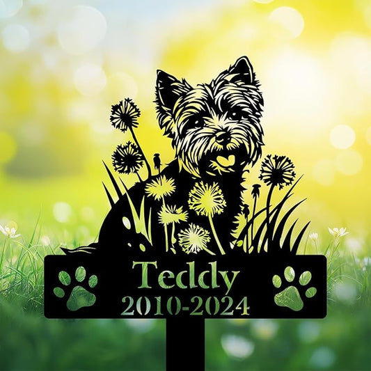 Personalized Yorkshire Terrier Grave Marker, Yorkie Dandelion Flowers Memorial Garden Stake, Yorkshire Terrier Memorial Gift, Loss of Yorkie, Outdoor Pet Headstone, Dog Burial Stake