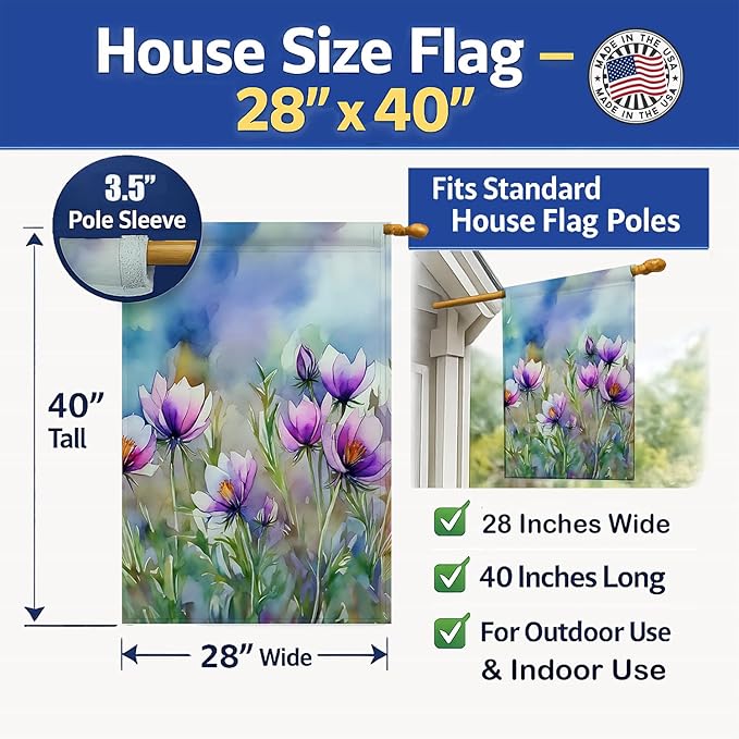 Caroline's Treasures South Dakota Pasque Flowers in Watercolor House Flag Large Porch Sleeve Pole Decorative Outside Yard Banner Artwork Wall Hanging, Polyester, House Size, Multicolor