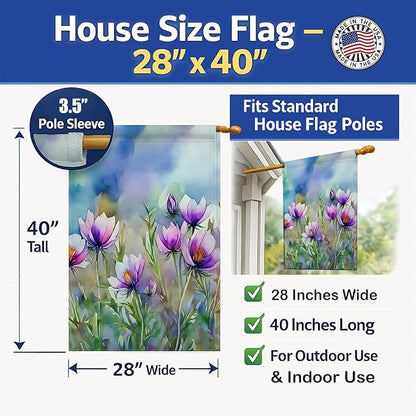 Caroline's Treasures South Dakota Pasque Flowers in Watercolor House Flag Large Porch Sleeve Pole Decorative Outside Yard Banner Artwork Wall Hanging, Polyester, House Size, Multicolor