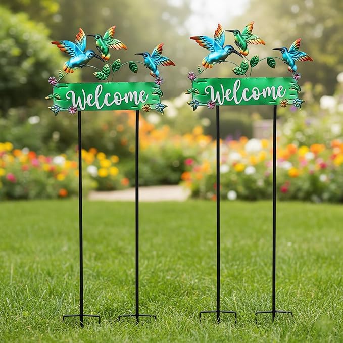 41.7inch Hummingbird Garden Stake for Yard, Lawn, Pathway, Hummingbird Outdoor Decor with Metal Welcome Yard Sign for Grandma's Garden Lawn Art Decorations