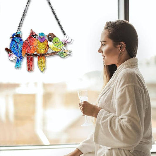 DASTOLL Stained Glass Window Hanging - Birds on A Branch Suncatcher for Window Doors Home Decoration, Valentine's Day Mother's Day Birthday Bird Lover Gifts for Women, Men, and Mom Grandma
