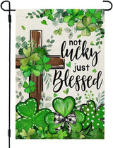 CROWNED BEAUTY St Patricks Day Garden Flag Shamrocks Clover Cross Blessed 12x18 Inch Double Sided Green Holiday Decoration for Outdoor Lawn Yard CF1931-12