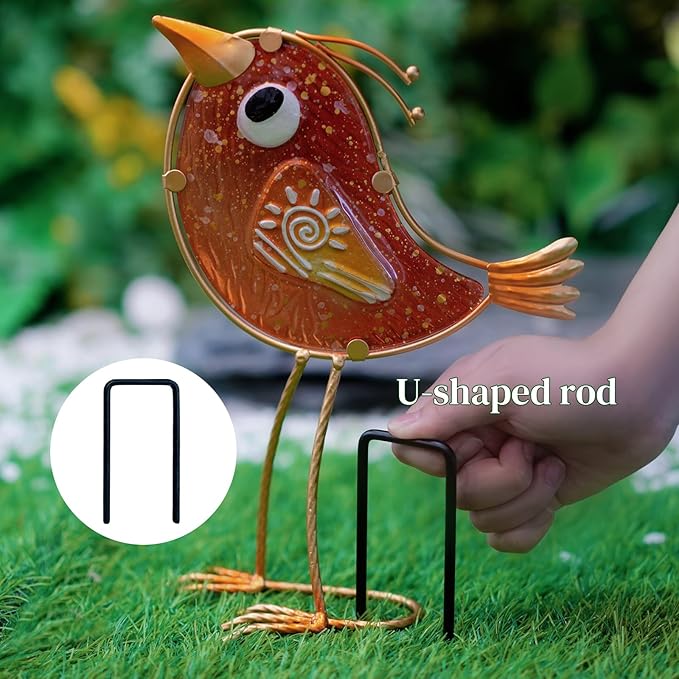 HONGLAND Garden Decor, Set of 3 Funny Metal & Glass Bird Statues for Indoor Outdoor, Colorful Yard Art with Hand-Painted Glass, Gift for Home Garden Decorations