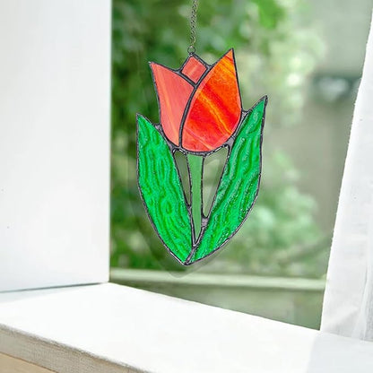 Tulip Stained Glass Window Hanging Suncatcher Handmade Flower Plant Stained Glass Sun Catchers Perfect for Indoor Window,Kitchen,and Living Rooms Spring Home Decor Gifts for Mom Women Plant Lover