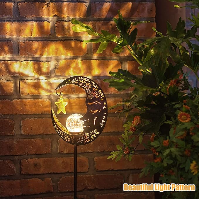 Hapjoy Solar Lights Outdoor Decor Moon Lantern for Patio,Lawn or Pathway Moon Decorations Crackle Glass Globe Stake Metal Lights Waterproof Warm LED Garden Gifts (Bronze)