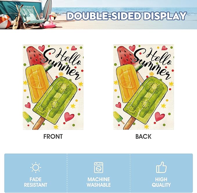 AVOIN colorlife Hello Summer Popsicles Garden Flag 12x18 Inch Double Sided Outside, Welcome Seasonal Burlap Yard Outdoor Decoration