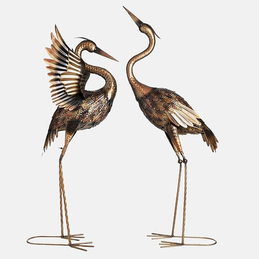 TERESA'S COLLECTIONS Yard Decorations Outdoor Garden Statues, Brass Metal Crane Yard Art, 33-39" Lawn Ornaments for Backyard,Outside Porch,Patio,Heron Decoy Bird Garden Decor,Set of 2,Gifts for Mom